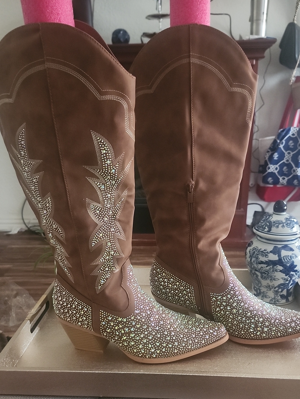 Women's Brown Rhinestone Western Knee-High Boots